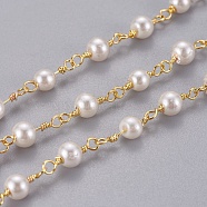 Handmade Acrylic Imitaion Pearl Beaded Chains, Unwelded, with Brass Findings, Long-Lasting Plated, Round, with Spool, Floral White, Golden, 11.5x4~4.5mm(CHC-K007-H01)