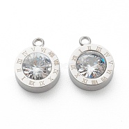 304 Stainless Steel Rhinestone Charms, Flat Round with Roman Numerals, Crystal, Stainless Steel Color, 14x11x4.5mm, Hole: 1.8mm(X-STAS-Z009-17P)