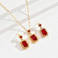 Brass Micro Pave Cubic Zirconia Jewelry Sets for Women, Dangle Stud Earring & Pendant Necklaces, Rectangle, Real 18K Gold Plated, Red, 15-3/4 inch(40cm) & 30x15mm(CT9369-1)