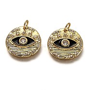 Brass Micro Pave Clear Cubic Zirconia Pendants, Long-Lasting Plated, with Jump Rings & Black Enamel, Flat Round with Eye, Real 18K Gold Plated, 16.5x17x2.3mm, Hole: 3.2mm(ZIRC-B0003-19G)