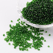 12/0 Glass Seed Beads, Transparent, Round, Dark Green, 2mm, Hole: 1mm, about 3100pcs/50g(X-SEED-A004-2mm-7B)