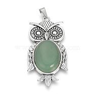 Natural Green Aventurine Big Pendants, with Alloy Findings, Owl, Antique Silver, 56x27.5x7.5mm, Hole: 3.5x7.5mm(G-S246-01A)