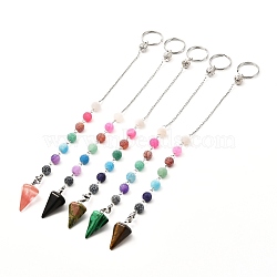 Keychain, Cone/Spike/Pendulum Natural & Synthetic Mixed Stone Chakra Dowsing Pendulum Pendants, with Natural Weathered Agate Round Beads, 304 Stainless Steel Findings and Brass Filigree Beads, 233mm(PALLOY-JF00989)