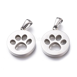 304 Stainless Steel Pet Pendants, Manual Polishing, Flat Round with Dog Footprints, Stainless Steel Color, 21.5x18x3mm, Hole: 6x2.5mm(STAS-Z006-15P)