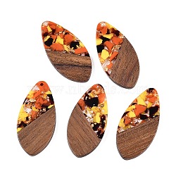 Transparent Resin and Walnut Wood Pendants, Teardrop Charms with Gold Foil, Yellow, 48.5x23.5x3.5mm, Hole: 2mm(RESI-T057-05M)