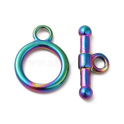 Ion Plating(IP) 304 Stainless Steel Toggle Clasps, Ring, Rainbow Color, Ring: 15.5x12x2mm, Hole: 2mm, Bar: 17x7x3mm, Hole: 2.5mm(STAS-H212-19MC)