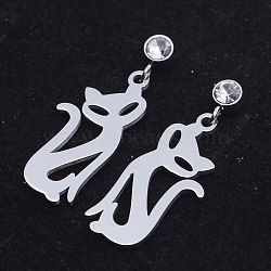 201 Stainless Steel Dangle Stud Earrings, with Clear Cubic Zirconia, Fox, Stainless Steel Color, 29mm, Pin: 0.8mm(EJEW-T008-JN743)