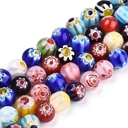 Handmade Millefiori Glass Round Bead Strands, Mixed Color, 12mm, Hole: 1mm, about 31~32pcs/strand, 14.57 inch(37cm)(LAMP-J038-12mm-M)