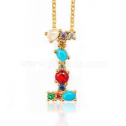 Golden Brass Micro Pave Cubic Zirconia Initial Pendants Necklaces, with Cable Chains, Colorful, Letter, Letter.I, 17.9~18.1 inch(45.5~46cm)x1.5mm, LetterI: 21x10x6mm(NJEW-S069-JN002-I)