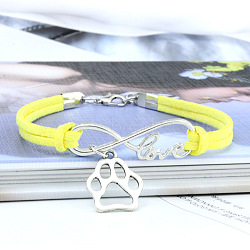 Infinity & Paw Print & Word Love Alloy with Suede Cord Charm Bracelets, Platinum, Yellow, 6-3/4 inch(17cm)(FS-WG0006A-02)