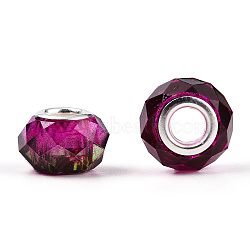 Transparent Resin European Beads, Imitation Crystal, Two-Tone Large Hole Beads, with Silver Tone Brass Double Cores, Faceted, Rondelle, Medium Violet Red, 14x8.5mm, Hole: 5mm(RPDL-T003-08G)
