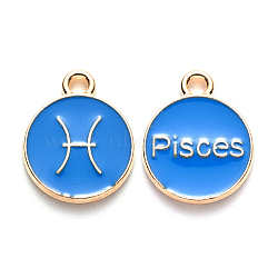 Alloy Enamel Pendants, Cadmium Free & Lead Free, Flat Round with Constellation, Light Gold, Dodger Blue, Pisces, 22x18x2mm, Hole: 1.5mm(ENAM-S124-01A-02H)