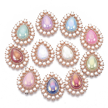 Alloy Flat Back Cabochons, with ABS Plastic Imitation Pearl Beads, AB Color Plated, Rose Gold, Teardrop, Mixed Color, 32x26x8~9mm