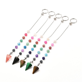 Keychain, Cone/Spike/Pendulum Natural & Synthetic Mixed Stone Chakra Dowsing Pendulum Pendants, with Natural Weathered Agate Round Beads, 304 Stainless Steel Findings and Brass Filigree Beads, 233mm