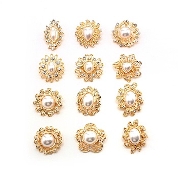 Crystal Alloy Rhinestone Brooches Set, Flower & Oval & Teardrop with Imitation Pearl Beads Lapel Pins for Wedding Party, Golden, 32~40.5x28~35x12~16mm, 12pcs/set