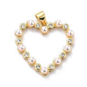 Eco-friendly Brass Micro Pave Cubic Zirconia Pendants, with Natural Pearl, Long-Lasting Plated, Real 18K Gold Plated, Cadmium Free & Lead Free, Hollow Heart, Floral White, 24x24.5x4mm, Hole: 4.5x3.9mm