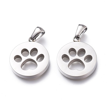 304 Stainless Steel Pet Pendants, Manual Polishing, Flat Round with Dog Footprints, Stainless Steel Color, 21.5x18x3mm, Hole: 6x2.5mm