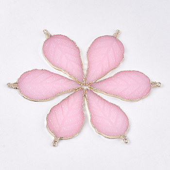 Electroplate Druzy Resin Big Pendants, with Iron Findings, Leaf, Light Gold, Pink, 56~57x27~28x3mm, Hole: 1.6mm