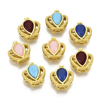 Brass Multi-Strand Links, with Faceted Resin, Crown with Teardrop, Matte Gold Color, Mixed Color, 10x12x6mm, Hole: 2mm