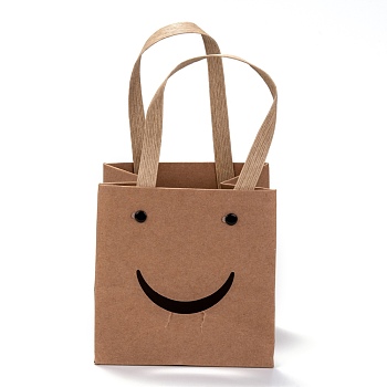 260g Kraft Paper Bags, with Nylon Handles, Rectangle with Smile, for Gift Bags and Shopping Bags, Camel, 12x12x0.95cm