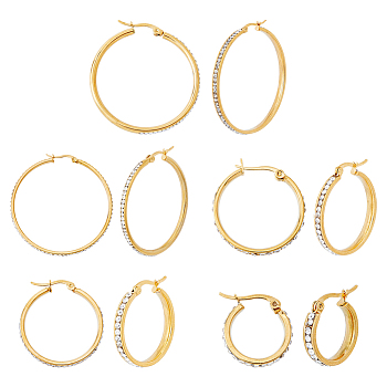5 Pairs 5 Style Crystal Rhinestone Hoop Earrings, Vacuum Plating 202 Stainless Steel Earrings with 304 Stainless Steel Pins for Women, Golden, 18~40x3.5mm, Pin: 0.6mm, 1 Pair/style
