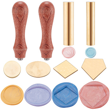 DIY Wax Seal Stamp Kits, Including 6Pcs 6 Styles Blank Wax Seal Brass Stamp Heads and 2Pcs Pear Wood Handles, Golden, Head: 20~57x12~25x12~15mm, 1pc/style, Handle: 78.3~78.5x22mm, Head: 7.5mm