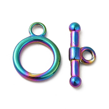 Ion Plating(IP) 304 Stainless Steel Toggle Clasps, Ring, Rainbow Color, Ring: 15.5x12x2mm, Hole: 2mm, Bar: 17x7x3mm, Hole: 2.5mm