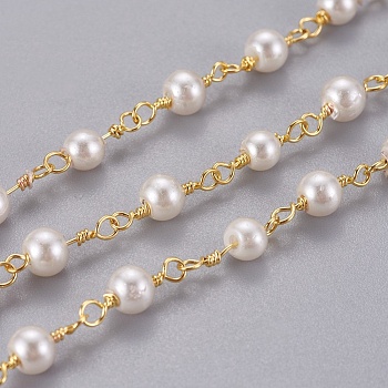Handmade Acrylic Imitaion Pearl Beaded Chains, Unwelded, with Brass Findings, Long-Lasting Plated, Round, with Spool, Floral White, Golden, 11.5x4~4.5mm