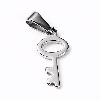 304 Stainless Steel Pendants, Key, Stainless Steel Color, 20.5x10x1.5mm, Hole: 8x3mm