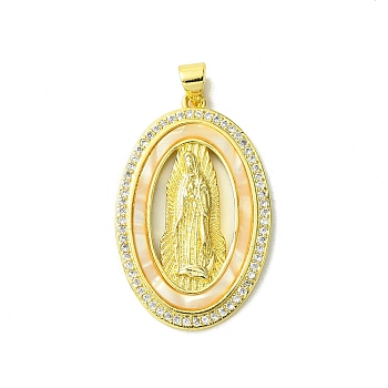 Real 18K Gold Plated Brass Micro Pave Cubic Zirconia Pendants, with Shell, Oval, 32x20.5x3mm, Hole: 3.5x4.5mm