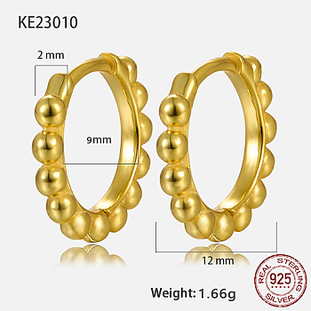 925 Sterling Silver Hoop Earrings, with S925 Stamp, Real 18K Gold Plated, 12x2mm