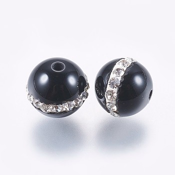 Natural & Dyed Black Onyx Beads, with Polymer Clay Rhinestones, Round, Black, 8~9mm, Hole: 1mm