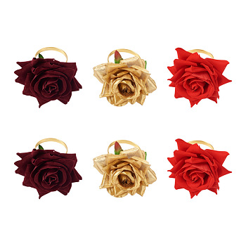 Elecrelive 6Pcs 3 Style Alloy Rope Napkin Rings, with Plastic Artificial Rose Flower, Napkin Holder Adornment, Restaurant Daily Accessories, Mixed Color, 2pcs/style