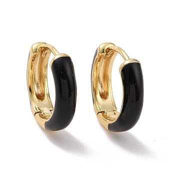 Black Enamel Hinged Hoop Earrings, Rack Plating Brass Jewelry for Women, Cadmium Free & Lead Free, Real 18K Gold Plated, 17x4mm, Pin: 0.8mm