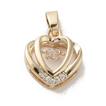 Brass Micro Pave Clear Cubic Zirconia Pendants, Long-Lasting Plated, Heart, Golden, 15x13x5.5mm, Hole: 4x3mm