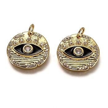 Brass Micro Pave Clear Cubic Zirconia Pendants, Long-Lasting Plated, with Jump Rings & Black Enamel, Flat Round with Eye, Real 18K Gold Plated, 16.5x17x2.3mm, Hole: 3.2mm