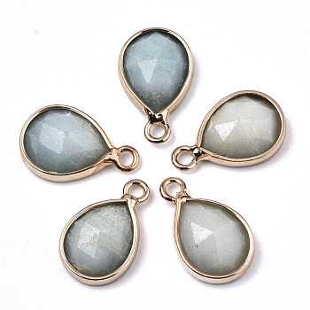 Natural Amazonite Charms, with Light Gold Plated Brass Edge and Loop, Teardrop, Faceted, 14x9x4.5mm, Hole: 1.5mm