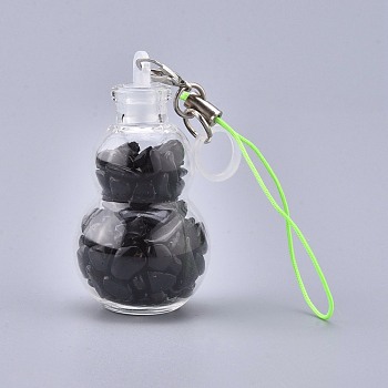 Transparent Glass Wishing Bottle Pendant Decoration, with Natural Obsidian Chips inside, Plastic Plug, Nylon Cord and Iron Findings, Gourd, 111~130mm