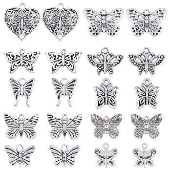 80Pcs 10 Styles Tibetan Style Alloy Charms, Butterfly, Antique Silver, 12~23x15.5~25x1.5~2mm, Hole: 1.4~2.5mm, 8pcs/style