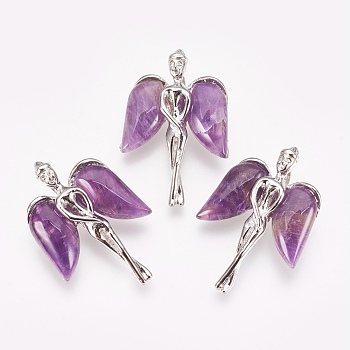 Natural Amethyst Pendants, with Brass Findings, Angel, Platinum, 34x23x8mm, Hole: 3x5mm