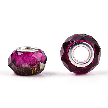 Transparent Resin European Beads, Imitation Crystal, Two-Tone Large Hole Beads, with Silver Tone Brass Double Cores, Faceted, Rondelle, Medium Violet Red, 14x8.5mm, Hole: 5mm