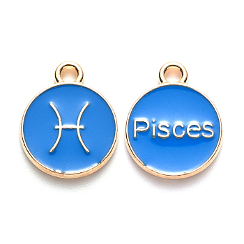 Alloy Enamel Pendants, Cadmium Free & Lead Free, Flat Round with Constellation, Light Gold, Dodger Blue, Pisces, 22x18x2mm, Hole: 1.5mm