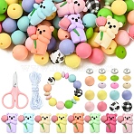 112Pcs 26 Styles Silicone Beads, with 10Pcs Rhinestone Spacer Beads, 3M Elastic Cord  and 1Pc Stainless Steel Scissor, for DIY Bear Themed Jewelry, Mixed Color, 29x25.5x13mm, Hole: 2mm(SIL-YW0002-37)