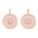 2Pcs Brass Enamel Pendants, Flat Round with Paw Print, Real 18K Gold Plated, Pink, 19x14x3mm, Hole: 2.7x3.8mm(KK-TADJ0001-15A)