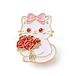 Cat Shape Holding Red Rose Flower Bouquet Enamel Pins, Alloy Lapel Pin Backs for Backpack Clothes, Golden, White, 27.5x21.5mm(AL-CBAC438-01D)