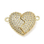 Valentine's Day Brass Micro Pave Clear Cubic Zirconia Split Pendants, with Magnetic, Heart Charms, Lead Free & Cadmium Free, Rack Plating, Long-Lasting Plated, Real 18K Gold Plated, 18x26x7.5mm, Hole: 1.8mm(KK-A293-24G)