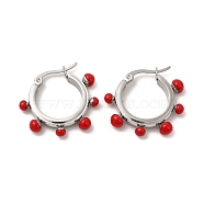 Red Enamel Round Beaded Hoop Earrings, 304 Stainless Steel Jewelry for Women, Stainless Steel Color, 26x27x5mm, Pin: 0.8~1.4x0.7mm(EJEW-P219-14P)