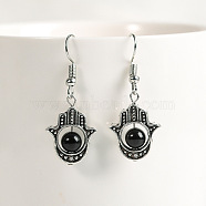 Natural Crystal Stone Hamsa Hand & Round Dangle Earrings, Handmade Sweet Ear Jewelry, Platinum, Black(UB8598-3)