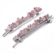 Platinum Plated Alloy French Hair Barrettes, with Natural Strawberry Quartz Chips, Cadmium Free & Lead Free, 67x10~11x12mm(PHAR-T003-01F)