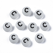 Acrylic Beads, with Enamel and Luminous, Horizontal Hole, Flat Round with Black Letter, Glow in the Dark, Light Grey, Letter.C, 7x3.5mm, Hole: 1.5mm, about 3600~3700pcs/500g(SACR-S273-29C)
